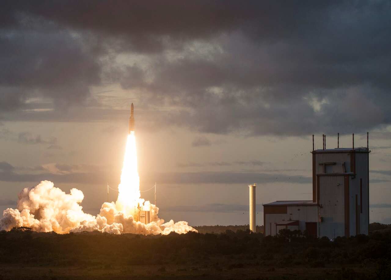 French Space Agency (CNES) shows Arianespace's rocket Ariane 5 ECA (Evolution Cryotechnique type A) Flight VA230 taking off in Korou, French Guyana.