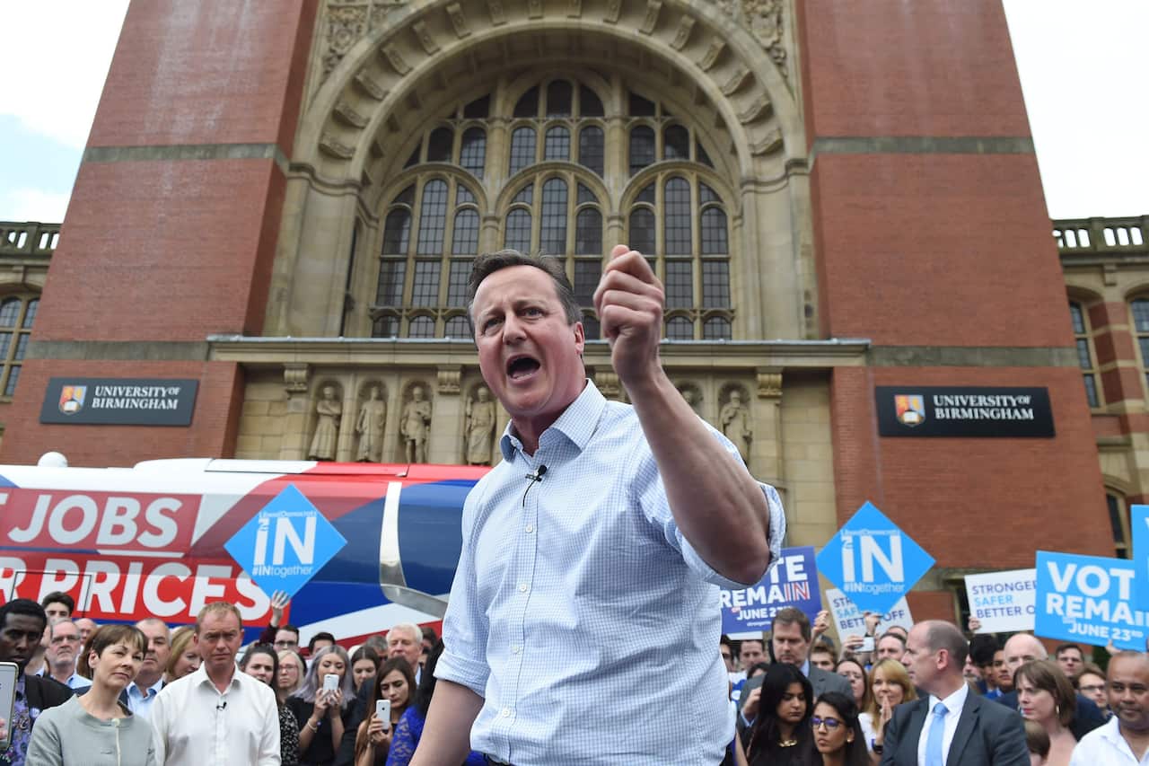 British Prime Minister, David Cameron delivers a speech urging Britons to vote Remain in the European Union outside Birmigham University in Birmingham