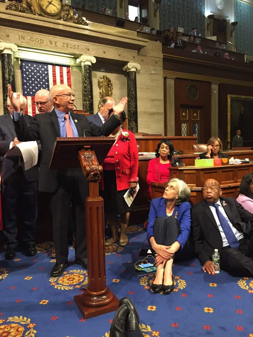 US Democrat members of Congress participating in sit-down protest seeking a a vote on gun control measures.