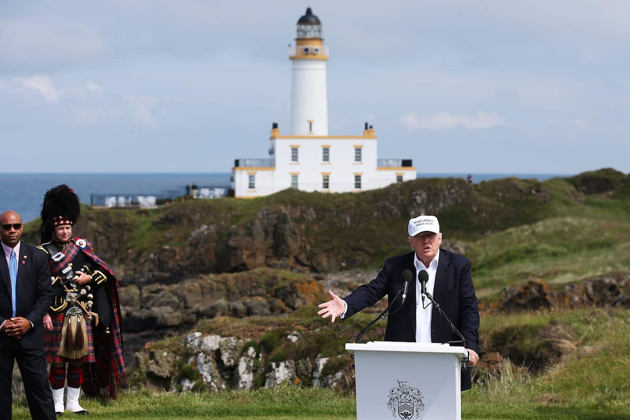 Donald Trump speaks at the Trump Turnberry Hotel and Golf Course in South Ayrshire.