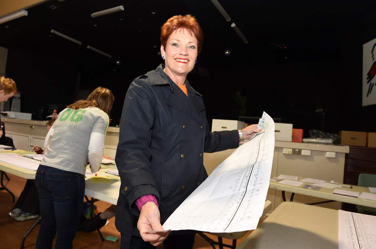 Pauline Hanson with a 2016 senate ballot paper.