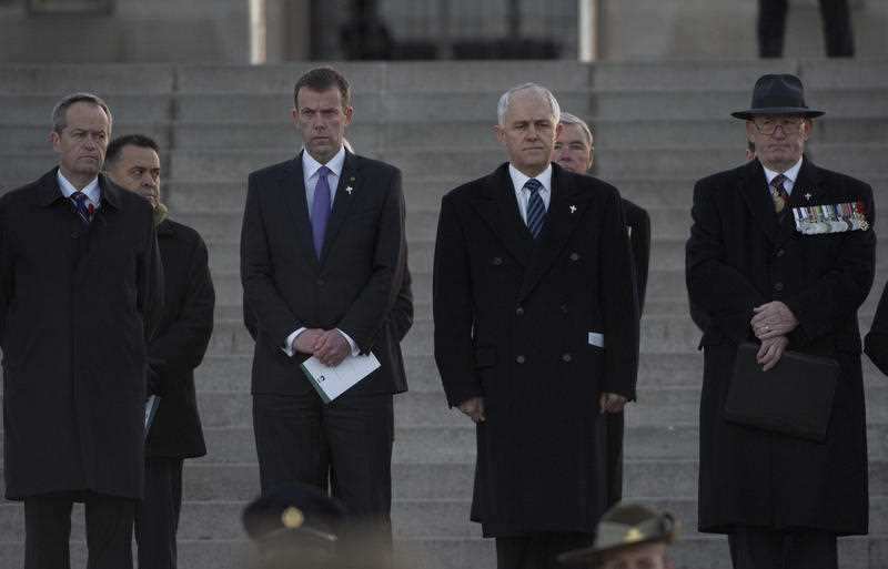 Federal Opposition leader Bill Shorten, Minister for Veteran's Affairs Dan Tehan, Prime Minister Malcolm Turnbull and Governor General Sir Peter Cosgrove
