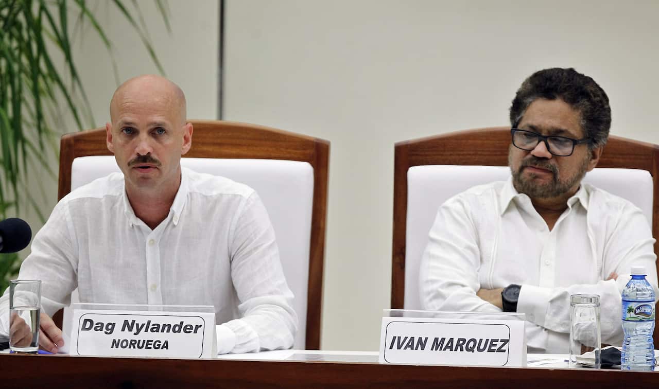 Second in command and leader of the delegates of FARC, Luciano Marin Ivan Marquez, and Norwegian Special Envoy to the Peace Process in Colombia Dag Nylander.