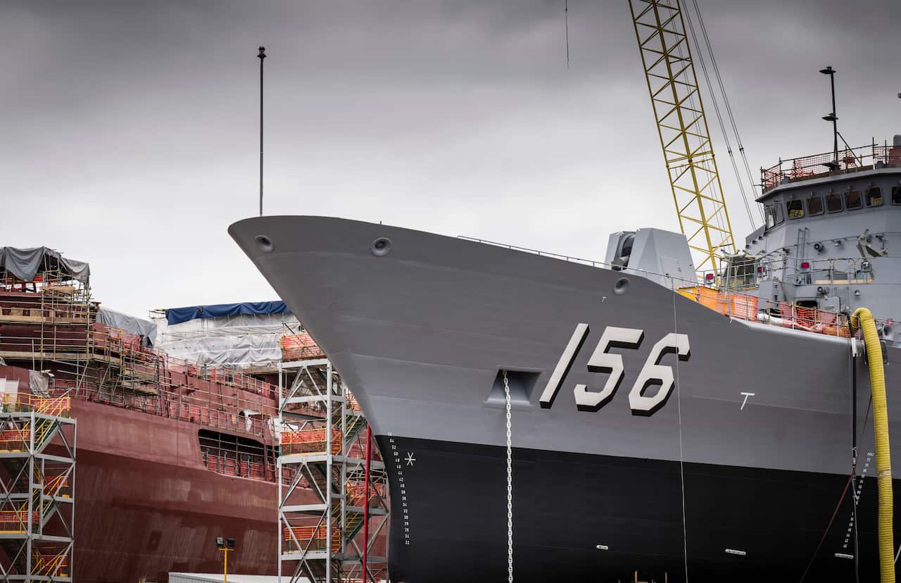 HMAS Toowomba sits in dry dock after her near completion of a substantial upgrade.