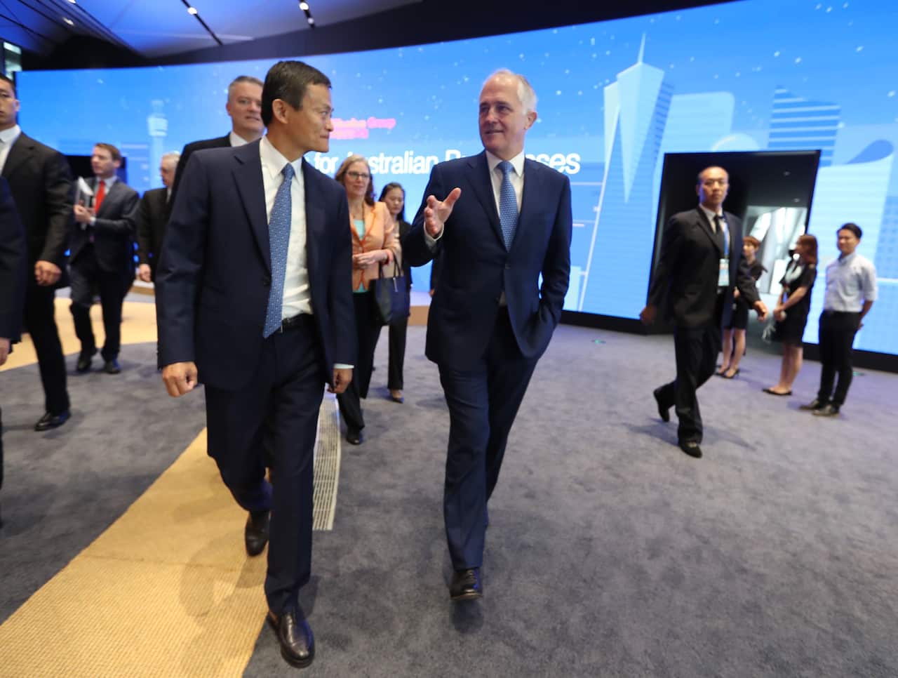 Jack Ma or Ma Yun, left, Chairman of Alibaba Group, talks with Malcolm Turnbull during his visit at headquarters of Chinese e-commerce giant Alibaba.