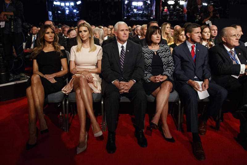 From left, Melania Trump, Ivanka Trump, Pence, Karen Pence, retired Gen. Michael Flynn, and former New York Mayor Rudy Giuliani at the presidential debate