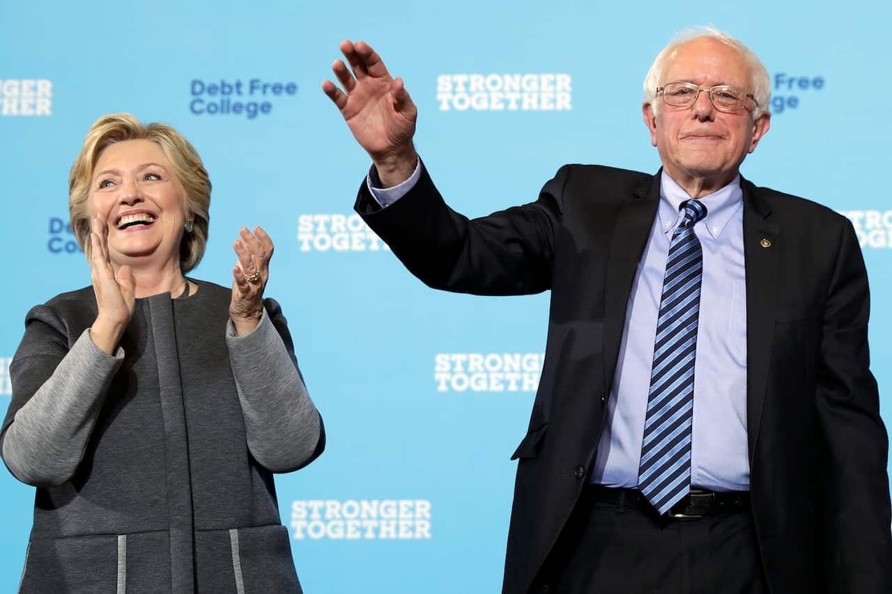 Hillary Clinton and Bernie Sanders at a campaign stop at in Durham, September 2016. 
