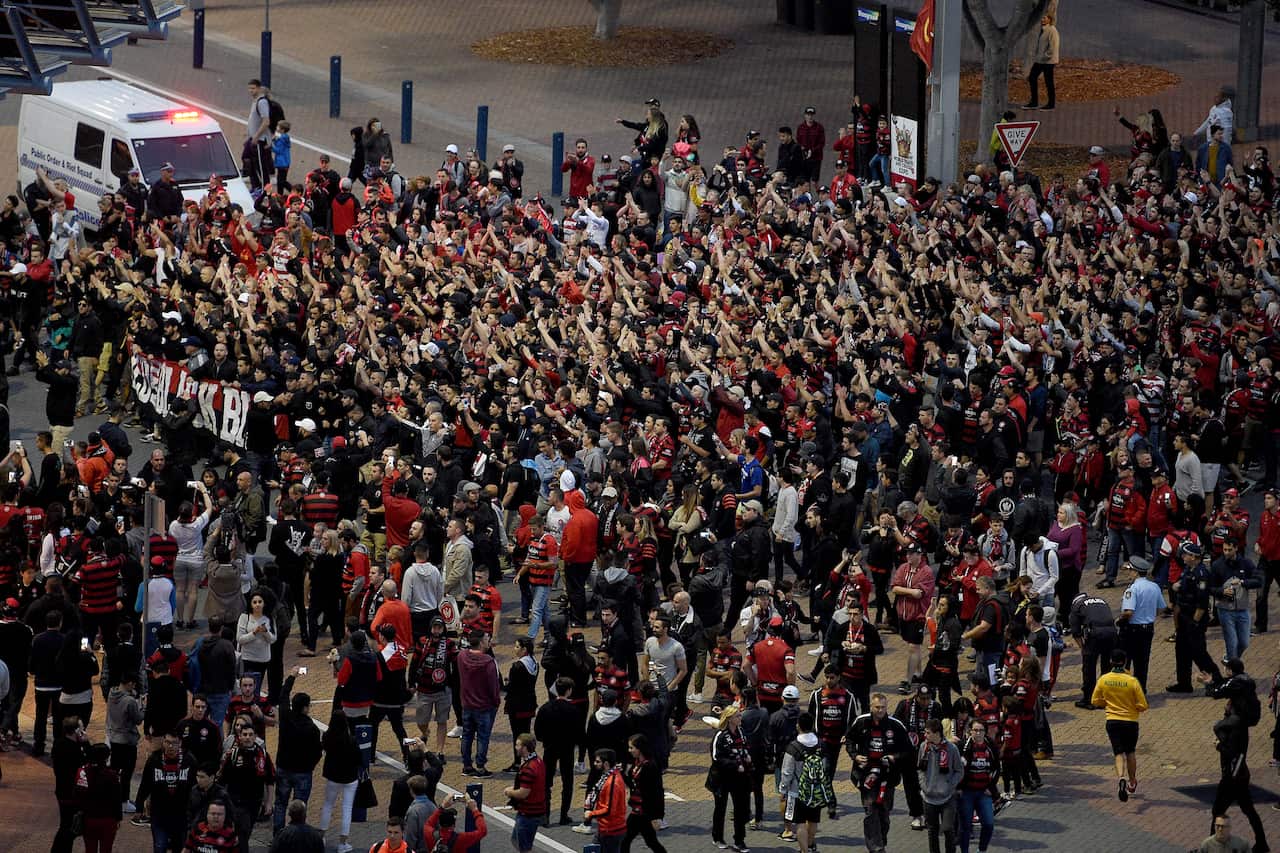 The RBB congregates outside ANZ Stadium prior to a A-League fixture.