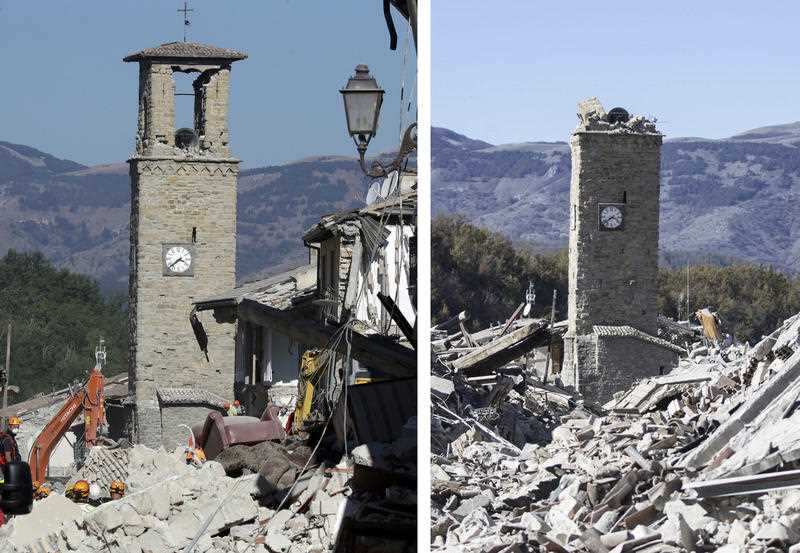 The bell tower of Amatrice, central Italy, still standing after the Aug. 24, 2016 earthquake, left, and partially collapsed after Sunday's quake.