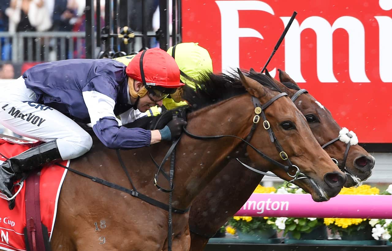Jockey Kerrin McEvoy on Almandin (left) wins as he races with Heartbreak City, ridden by Joao Moreira, at the finish line in the Melbourne Cup.