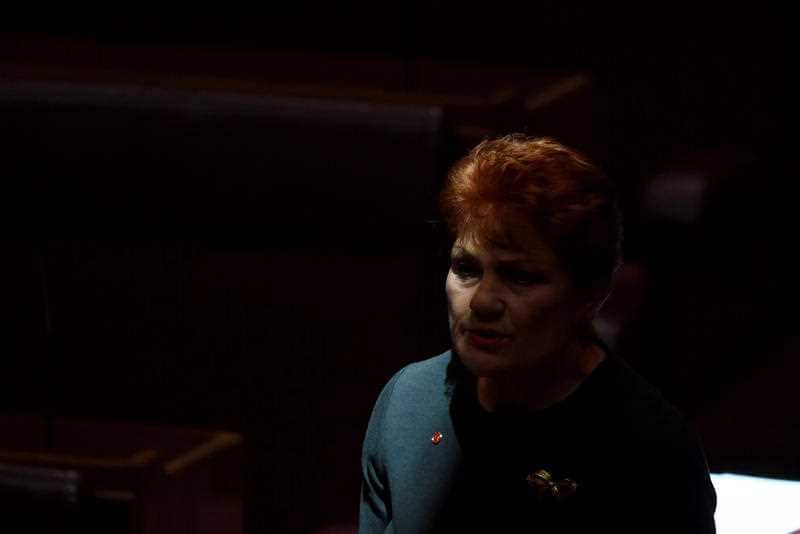 One Nation Leader Pauline Hanson speaks during a motion in the Senate chamber