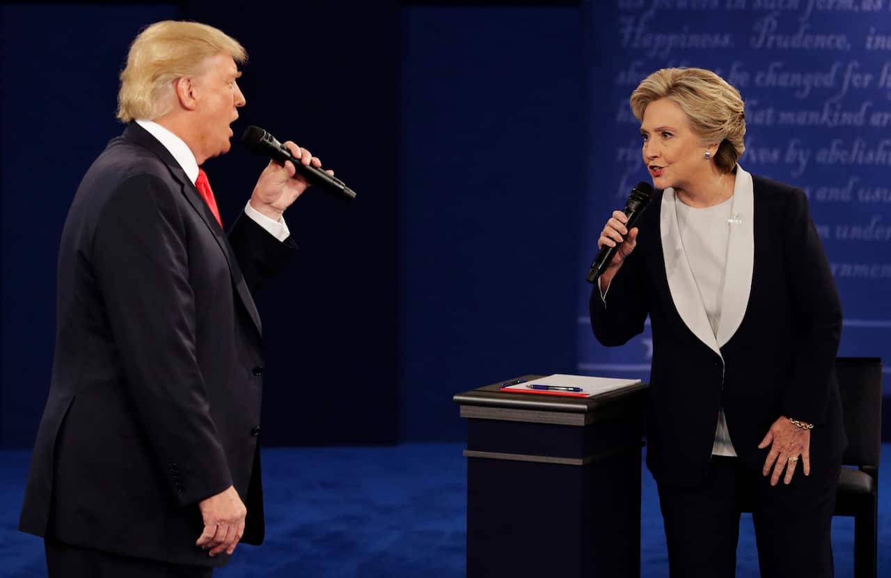 Republican presidential nominee Donald Trump and Democratic presidential nominee Hillary Clinton during the second presidential debate in 2016.
