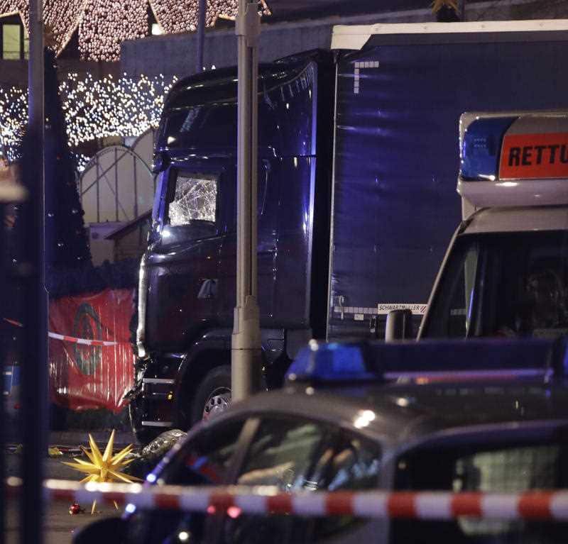 A truck which ran into a crowded Christmas market in Berlin, Germany, Monday, Dec. 19, 2016. Berlin police said that several people have been killed in the incident. (AP Photo/Michael Sohn)