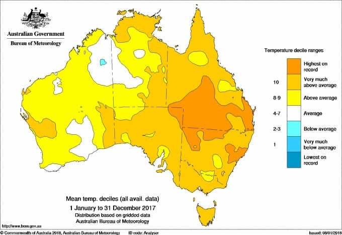 This map shows the mean temperatures across Australia in 2017.
