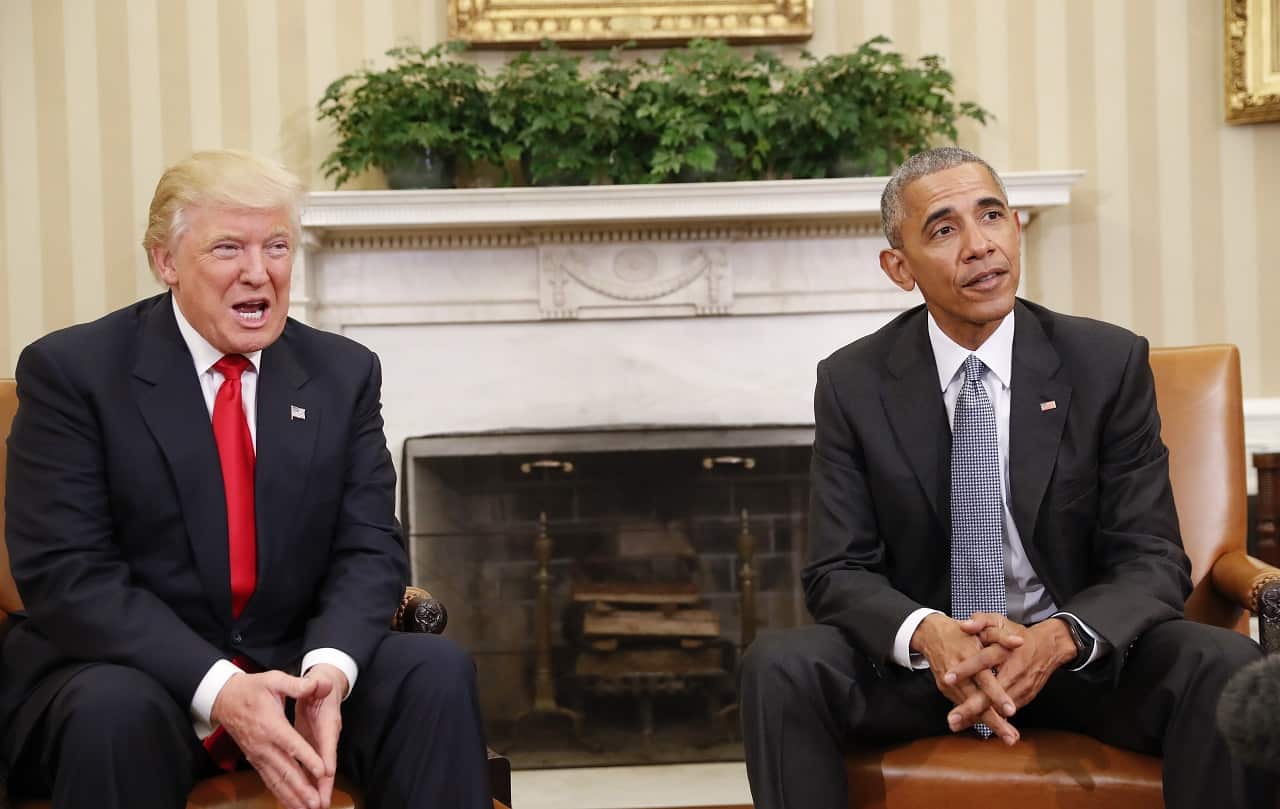Barack Obama and Donald Trump meet.
