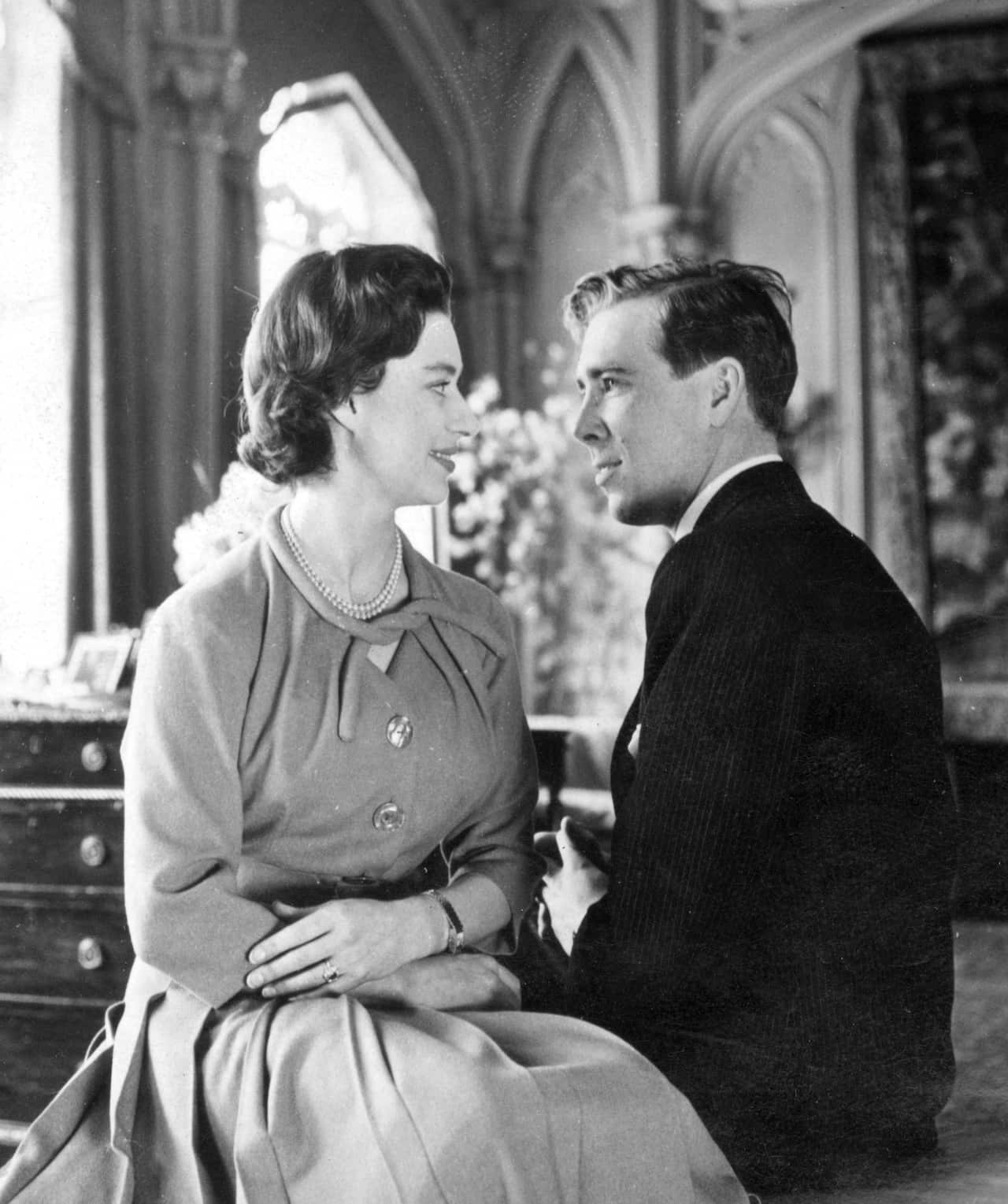 Princess Margaret and her fianc, photographer Antony Armstrong-Jones, pictured at the Royal Lodge, Windsor, where the newly-engaged couple spent the weekend. .