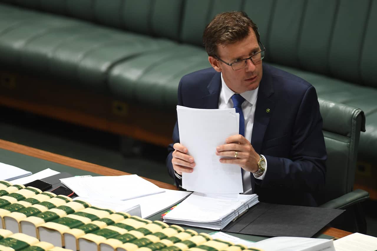 Alan Tudge reacts during Question Time