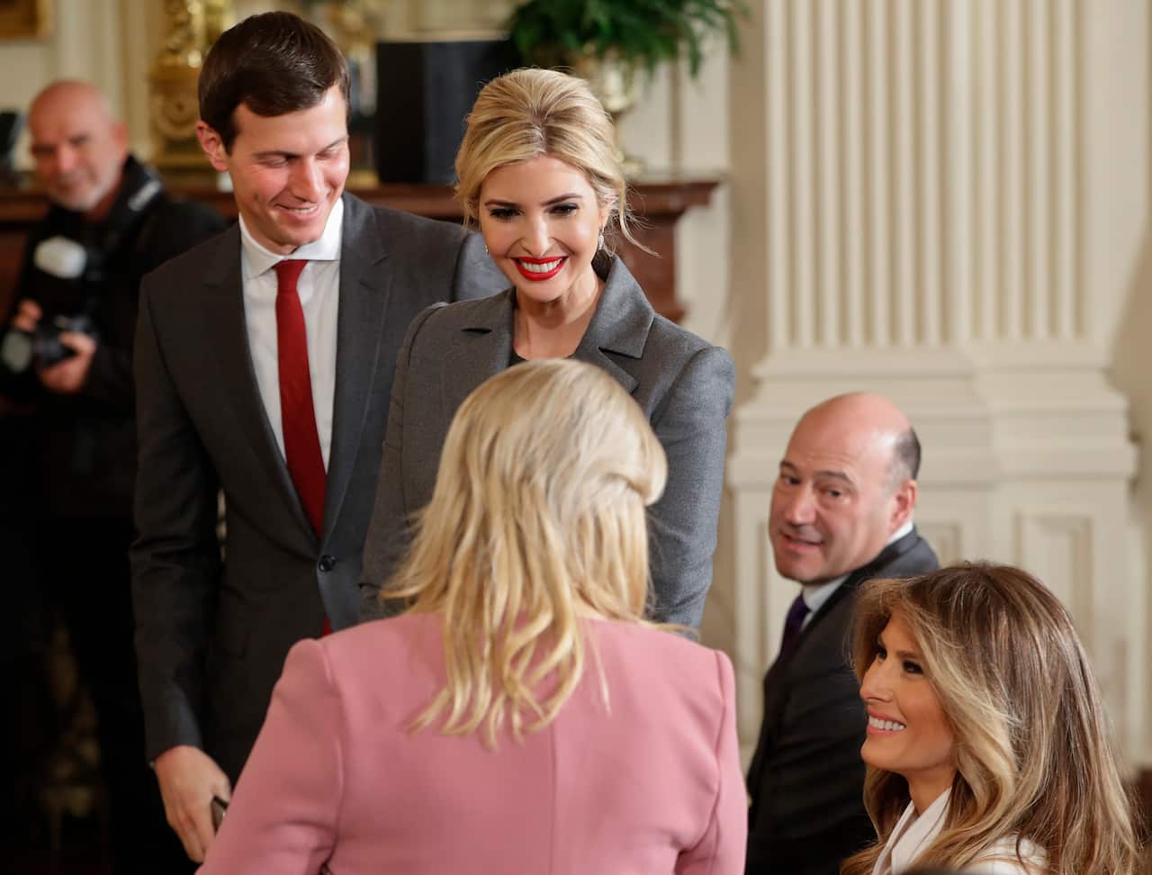 Ivanka Trump, daughter of Donald Trump and her husband, senior adviser Jared Kushner greet Sara Netanyahu, wife of Israeli PM Benjamin Netanyahu.
