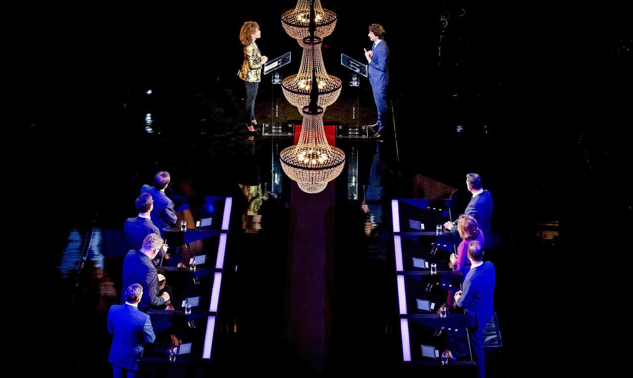 Jesse Klaver of GroenLinks party (top R) has his turn as Dutch party leaders attend during an election debate by RTL television in Amsterdam, the Netherlands, 05 March 2017. 
