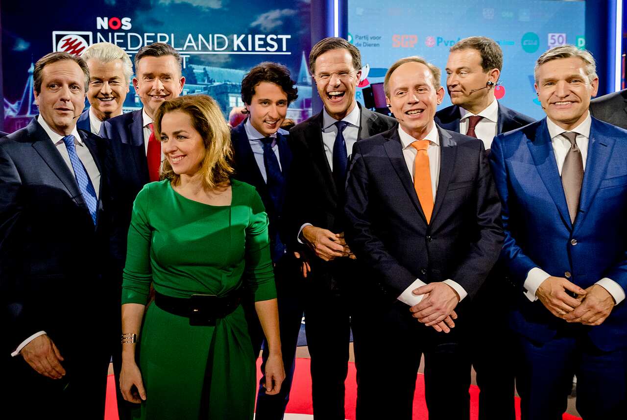 Party leaders, Left to right: Alexander Pechtold (D66) Geert Wilders (PVV) Emile Roemer (SP) Marianne Thieme (Party for Animals) Jesse Klaver (Green Left) Mark Rutte (VVD) Gert-Jan Segers (CU) Lodewijk Asscher (Cabor) Sybrand Buma(CDA)