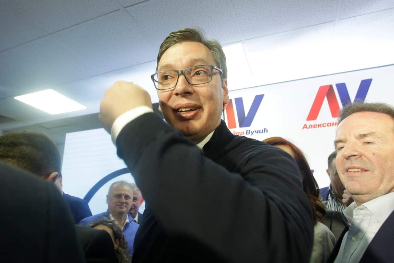epa05885154 Serbian President-elect Aleksandar Vucic celebrates after declaring a victory in Belgrade, Serbia, 02 April 2017. Vucic won by a majority of votes in the first round.  EPA/ANDREJ CUKIC
