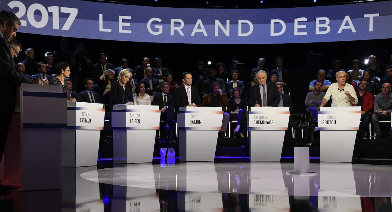 French presidential election attend a debate organized by French private TV channels BFM TV and CNewsin in La Plaine-Saint-Denis, France, 04 April 2017.