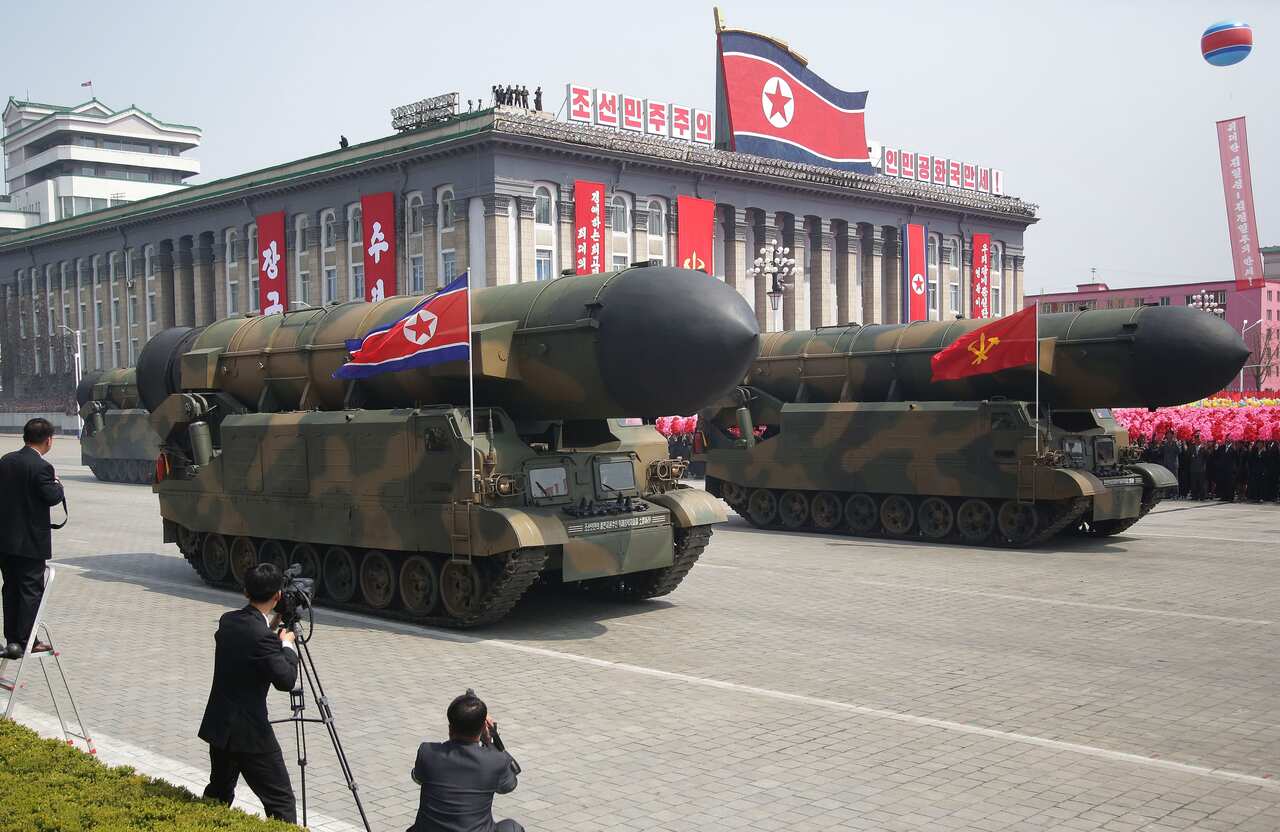 Off-road missile transport is paraded across Kim Il Sung Square during a military parade on Saturday, April 15, 2017, in Pyongyang, North Korea.