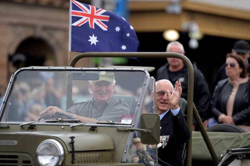 Veterans march to the shrine during the Anzac Day march during Anzac Day commemorations at Melbourne's Shrine of Remembrance in Melbourne