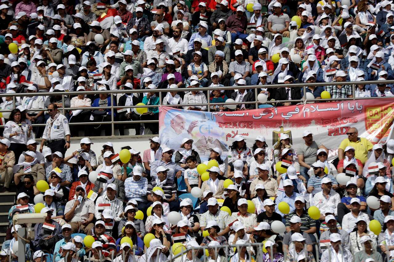 The crowd in the stands of the Air Defense Stadium where Pope Francis celebrated Mass for Egypt's Catholic community in Cairo.