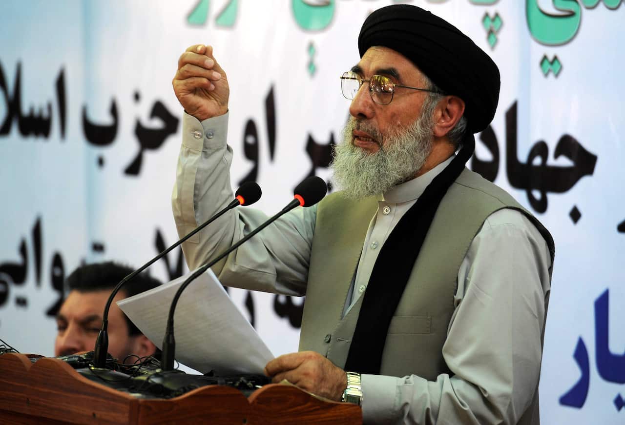 Gulbuddin Hekmatyar, a former warlord, speaks to supporters after he appeared in public years after a self-imposed exile.