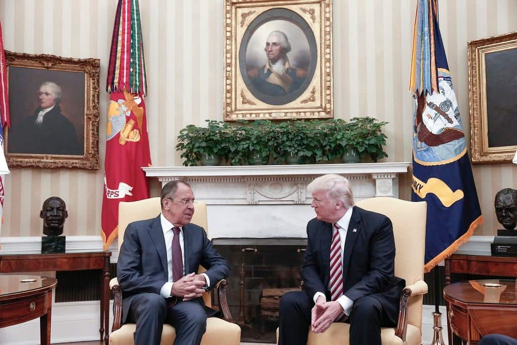 US President Donald Trump speaking with Russian Foreign Minister Sergei Lavrov during their meeting in the White House DC, USA, 10 May 2017.