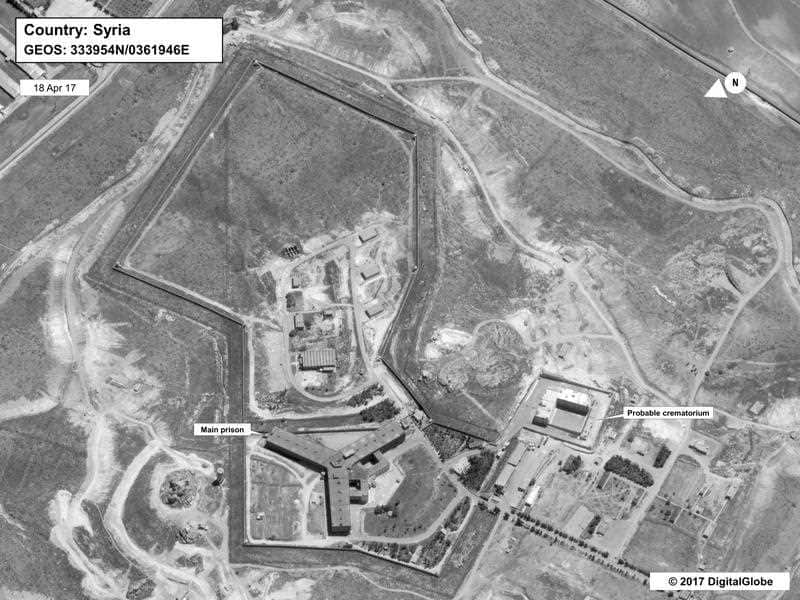 A satellite image of what the US State Department described as a building in a prison complex in Syria that was modified to support a crematorium. 