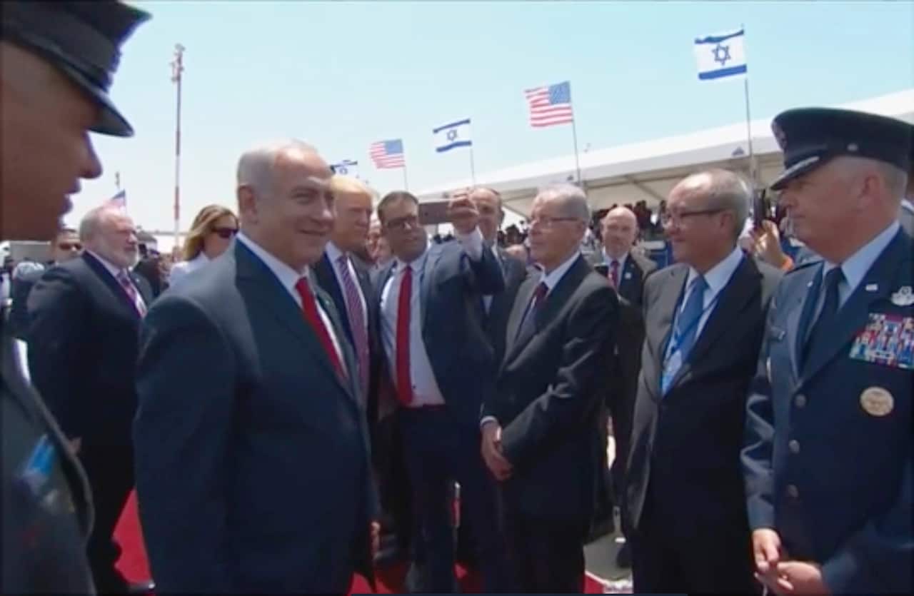 Oren Hazan takes a selfie with U.S. President Donald Trump at welcoming ceremony in Tel Aviv.