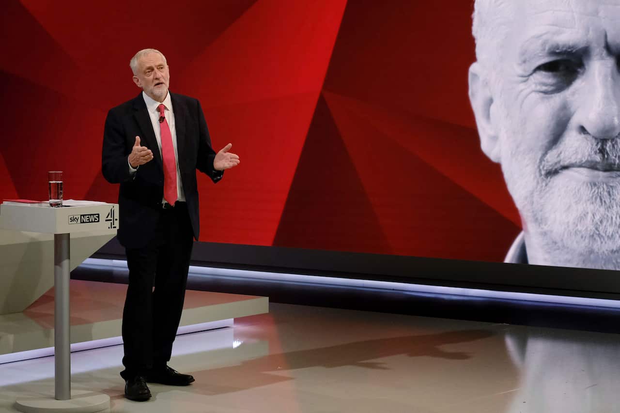 Labour leader Jeremy Corbyn, gestures. during a general election broadcast