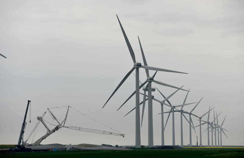 Wind turbines seen in the Wiedinghard Koog near Klanxbuell, Germany,
