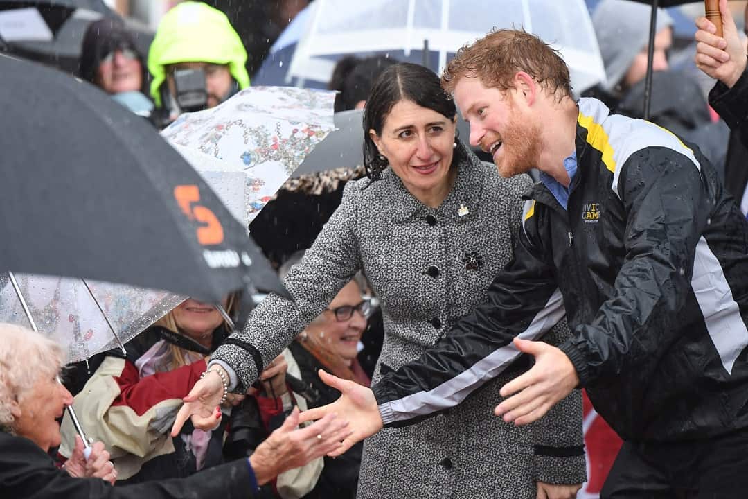 Premier Gladys Berejiklian and Prince Harry meet  97-year-old Daphne Dunne in Sydney in 2017.