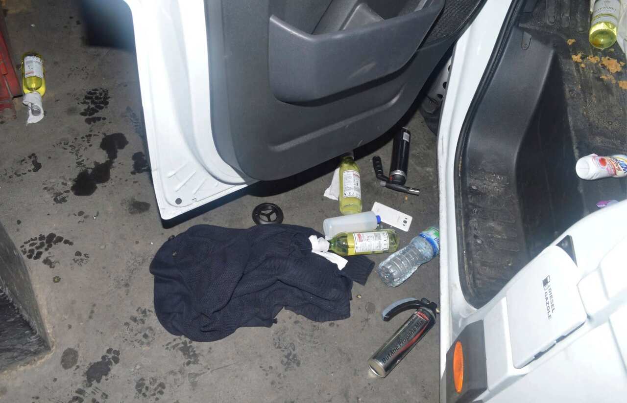 Forensics officers recovered several items from the vehicle, including bottles wrapped with rags believed to be filled with flammable liquid and blowtorches.