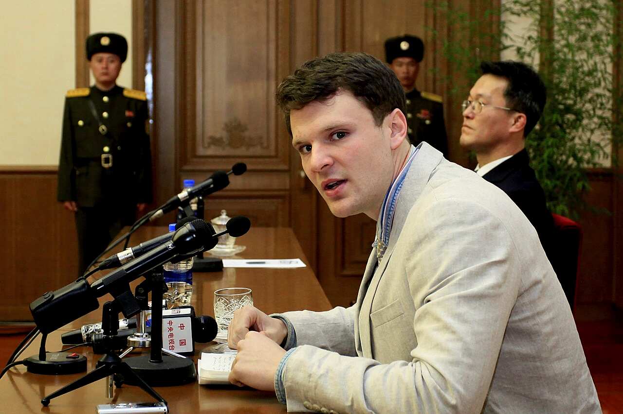 File: American student Otto Warmbier speaks as Warmbier is presented to reporters in Pyongyang, North Korea.