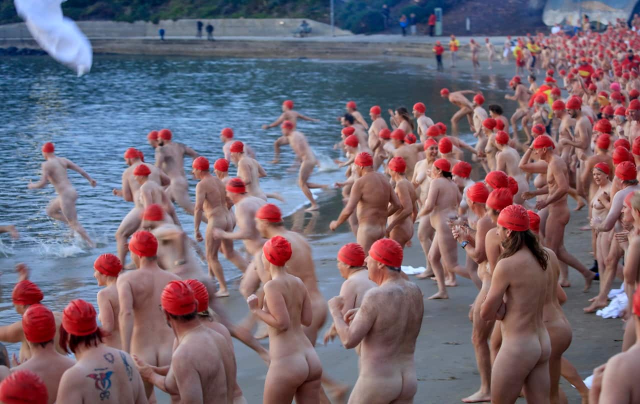Dark Mofo is no normal festival, with participants seen during the Nude Solstice Swim, 2017.