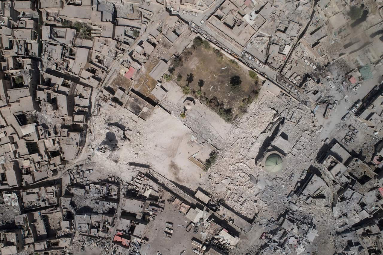 File photo shows an aerial view of the destroyed al-Nuri mosque during fighting between Iraqi security forces and Islamic State militants