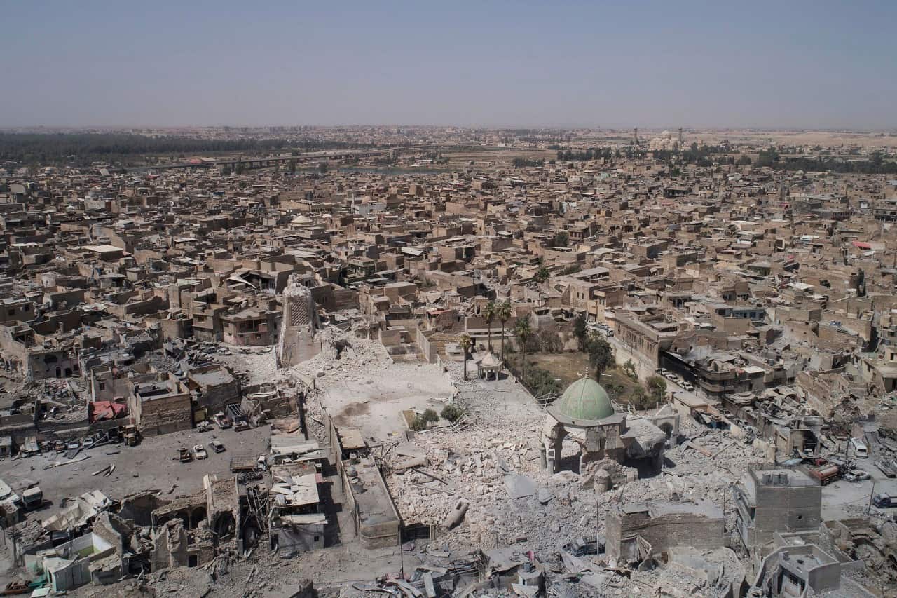 Aerial view of the destroyed al-Nuri mosque during fighting between Iraqi security forces and IS in the Old City of Mosul, Iraq, 