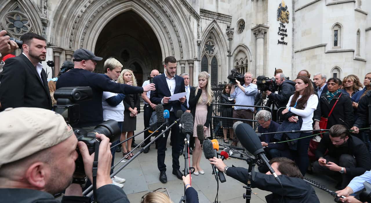 Charlie Gard's parents Chris Gard and Connie Yates speak to the media outside the High Court, London.