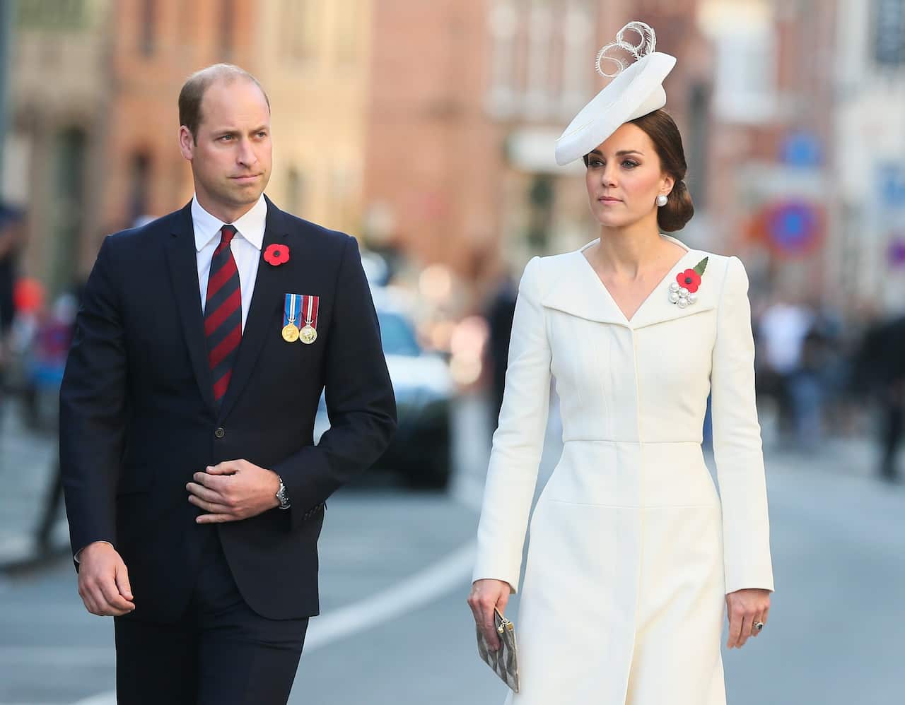 Britain's Prince Williamand Catherine, the Duchess of Cambridge arrive at the Last Post ceremony as part of the Centenary of Passchendaele