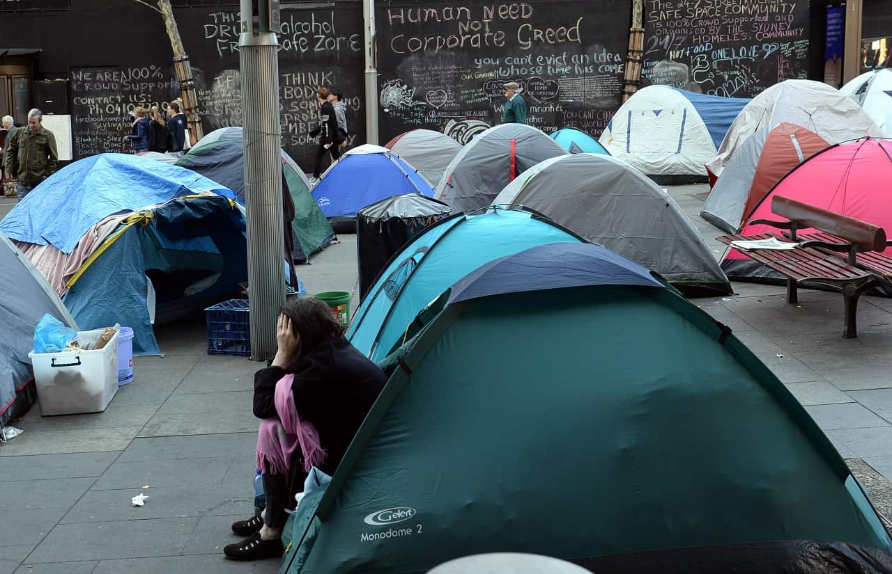 Homeless shelters are scattered throughout Martin Place in Sydney's Central Business District.