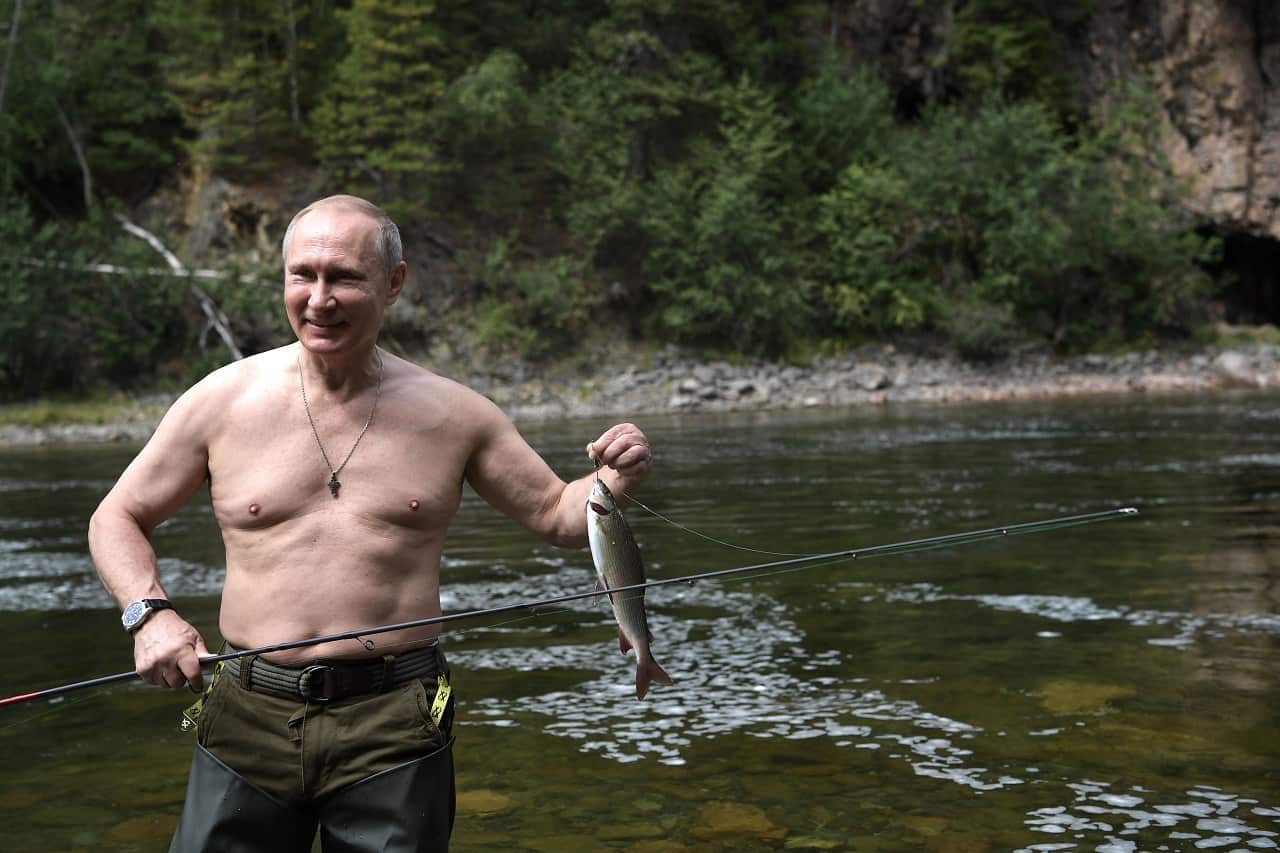 Russian President Vladimir Putin fishing at the cascade of mountain lakes during his vacation in the Tyva Republic in the southern Siberia, Russia. 