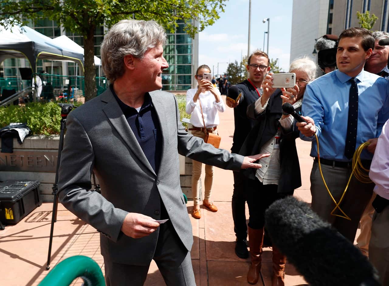 Ryan Kliesch, a Denver radio host, emerges from the federal courthouse after testifying in the civil trial for pop singer Taylor Swift.