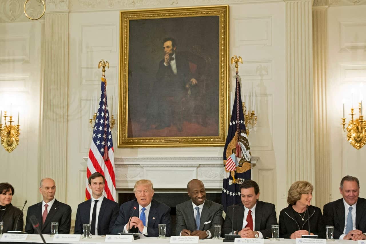 US President Donald J. Trump speaks during a meeting with CEOs of manufacturing companies, Feb 2017.