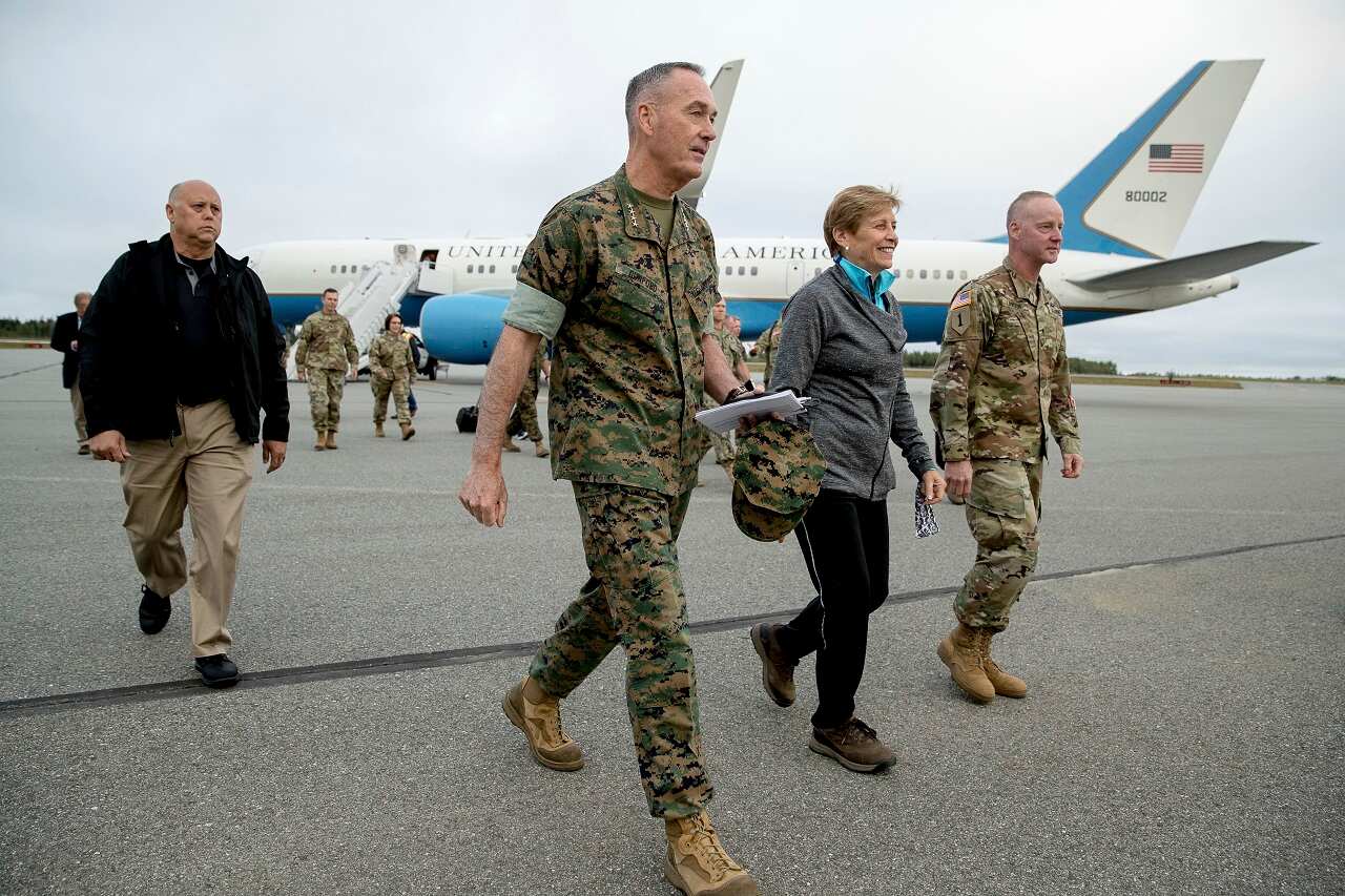Joint Chiefs Chairman Gen. Joseph Dunford arrives at Fort Greely, Alaska for a refueling stop.