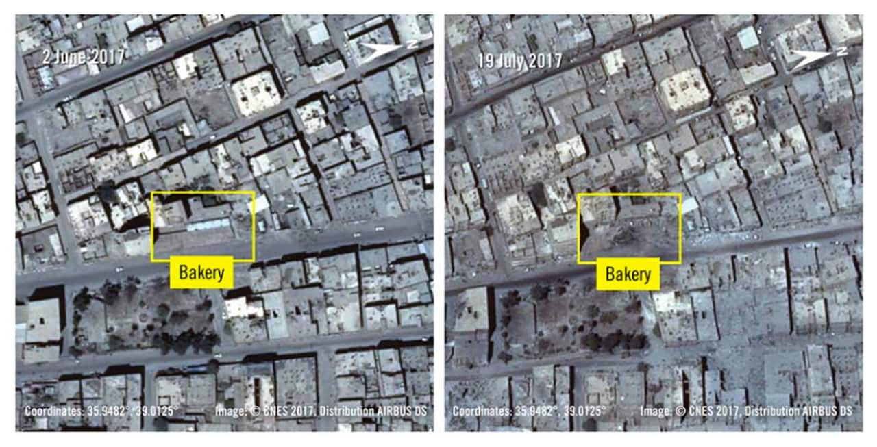 This satellite image shows a bakery in Raqqa, Syria on June 2, 2017, left, and on July 19, 2017, right.
