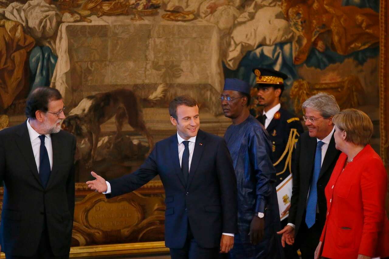 Leaders of Spain, France, Chad, Germany and Italy arrive to attend a joint press conference after their meeting in Paris, France.